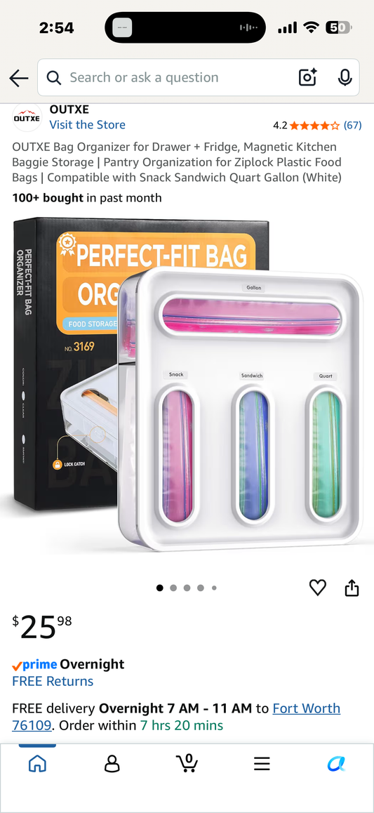 Bag Organizer for Drawer + Fridge, Magnetic Kitchen Baggie Storage | Pantry Organization for Ziplock Plastic Food Bags | Compatible with Snack Sandwich Quart Gallon (White)