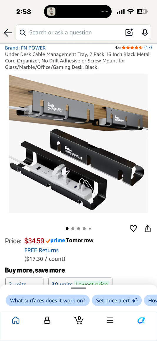 Under Desk Cable Management Tray, 2 Pack 16 Inch Black Metal Cord Organizer, No Drill Adhesive or Screw Mount for Glass/Marble/Office/Gaming Desk, Black