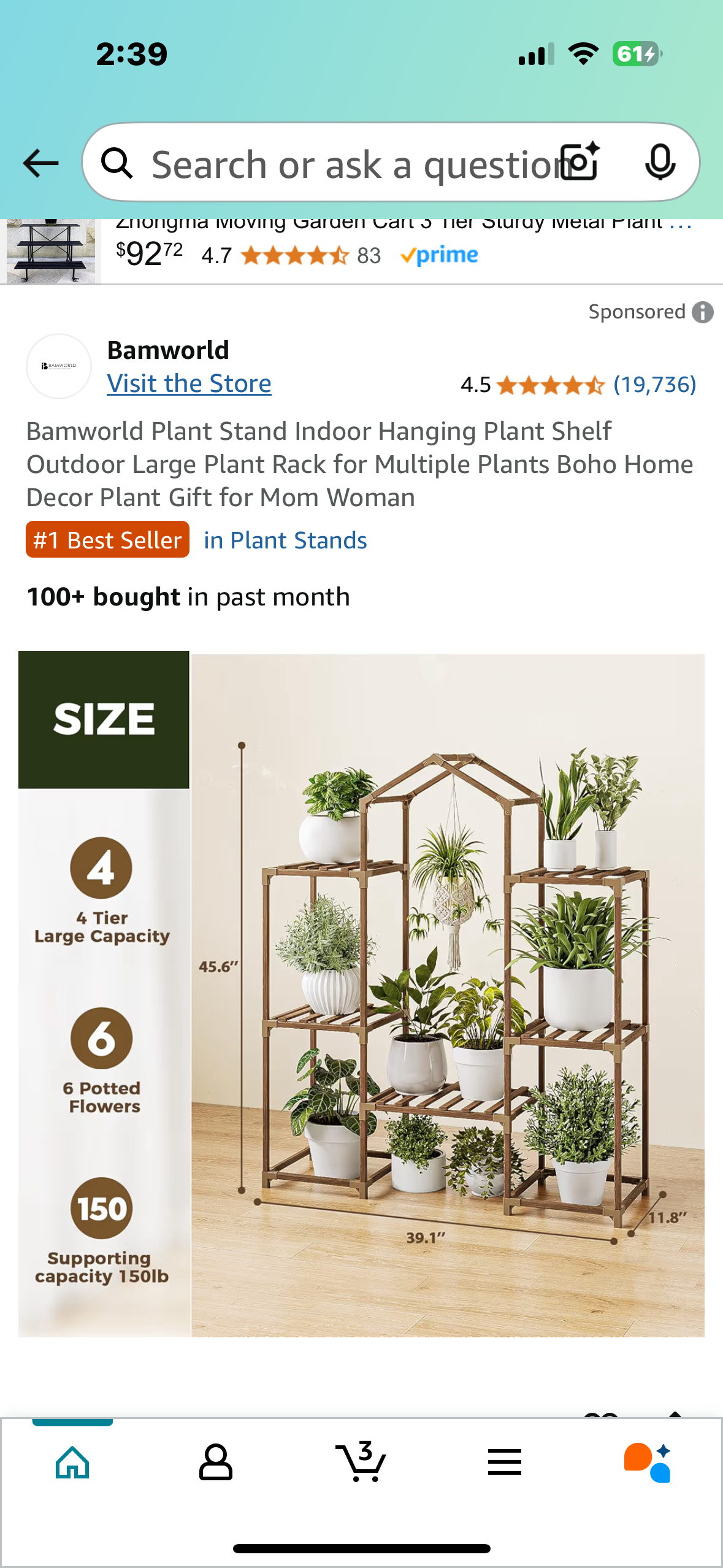 Bamworld Plant Stand Indoor Hanging Plant Shelf Outdoor Large Plant Rack for Multiple Plants Boho Home Decor Plant Gift for Mom Woman