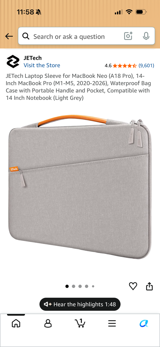 JETech Laptop Sleeve for MacBook Neo (A18 Pro), 14-Inch MacBook Pro (M1-M5, 2020-2026), Waterproof Bag Case with Portable Handle and Pocket, Compatible with 14 Inch Notebook (Light Grey)