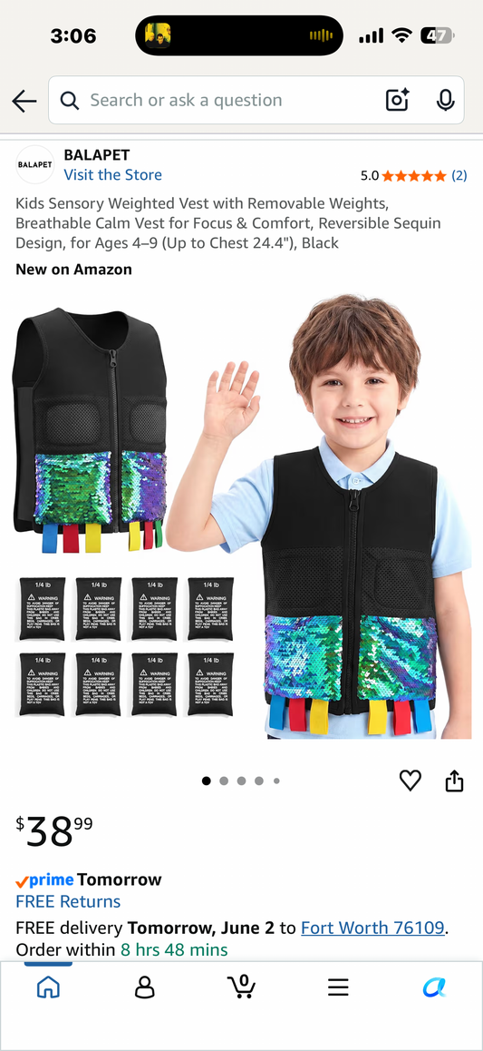 Kids Sensory Weighted Vest with Removable Weights, Breathable Calm Vest for Focus & Comfort, Reversible Sequin Design, for Ages 4–9 (Up to Chest 24.4"), Black