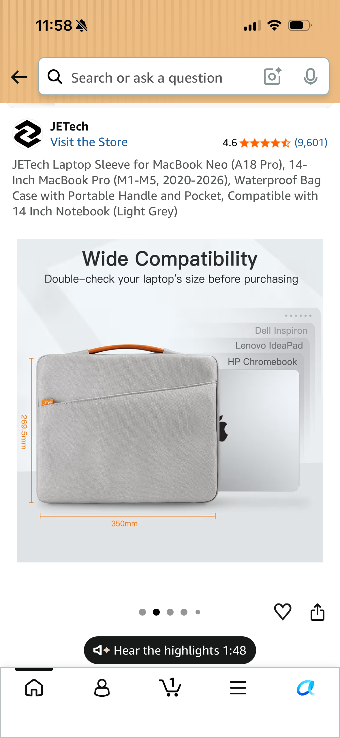 JETech Laptop Sleeve for MacBook Neo (A18 Pro), 14-Inch MacBook Pro (M1-M5, 2020-2026), Waterproof Bag Case with Portable Handle and Pocket, Compatible with 14 Inch Notebook (Light Grey)