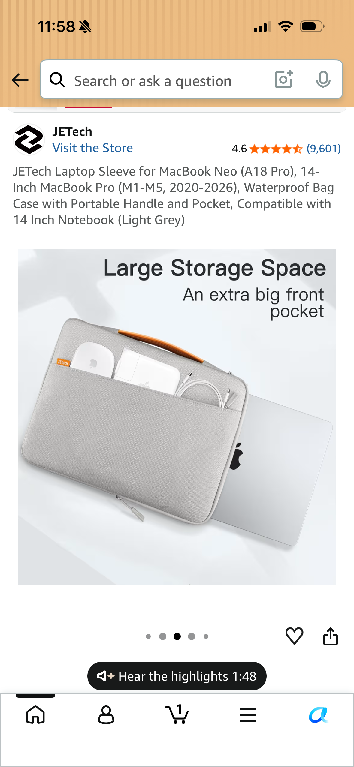 JETech Laptop Sleeve for MacBook Neo (A18 Pro), 14-Inch MacBook Pro (M1-M5, 2020-2026), Waterproof Bag Case with Portable Handle and Pocket, Compatible with 14 Inch Notebook (Light Grey)
