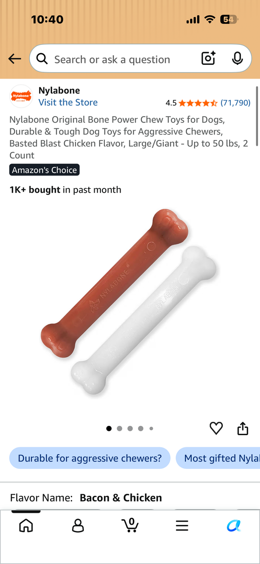 Nylabone Original Bone Power Chew Toys for Dogs, Durable & Tough Dog Toys for Aggressive Chewers, Basted Blast Chicken Flavor, Large/Giant - Up to 50 lbs, 2 Count