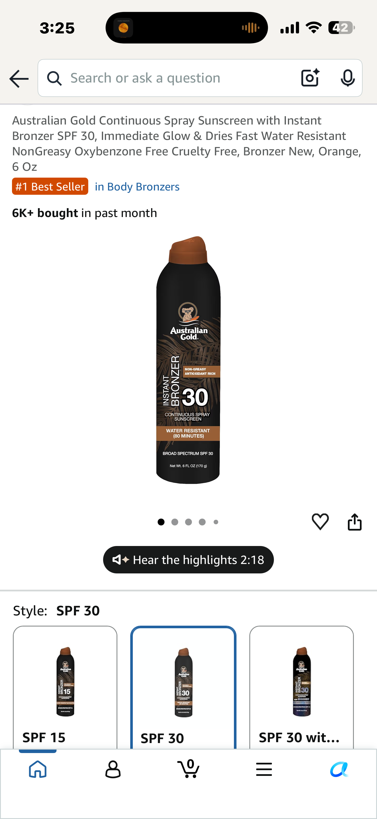 Australian Gold Continuous Spray Sunscreen with Instant Bronzer SPF 30, Immediate Glow & Dries Fast Water Resistant NonGreasy Oxybenzone Free Cruelty Free, Bronzer New, Orange, 6 Oz