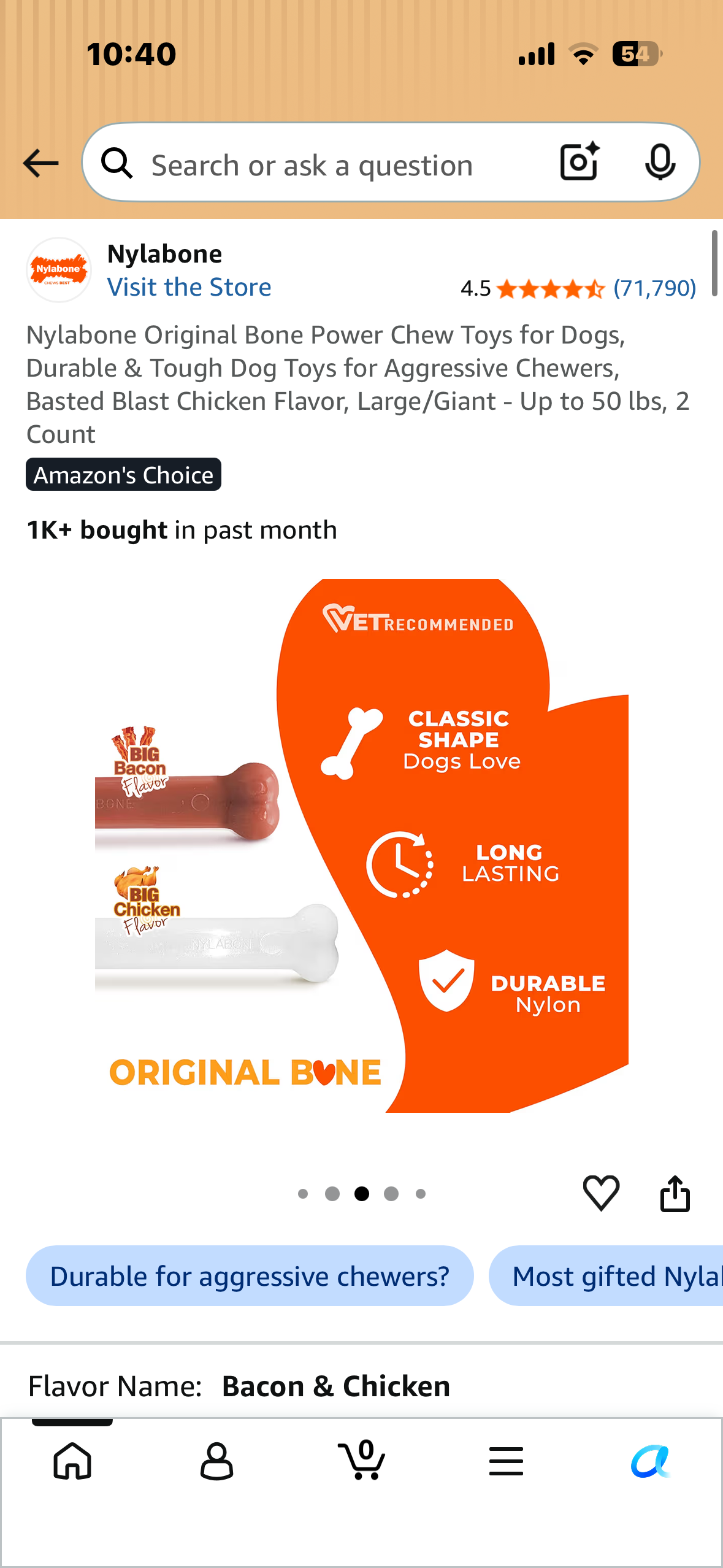 Nylabone Original Bone Power Chew Toys for Dogs, Durable & Tough Dog Toys for Aggressive Chewers, Basted Blast Chicken Flavor, Large/Giant - Up to 50 lbs, 2 Count