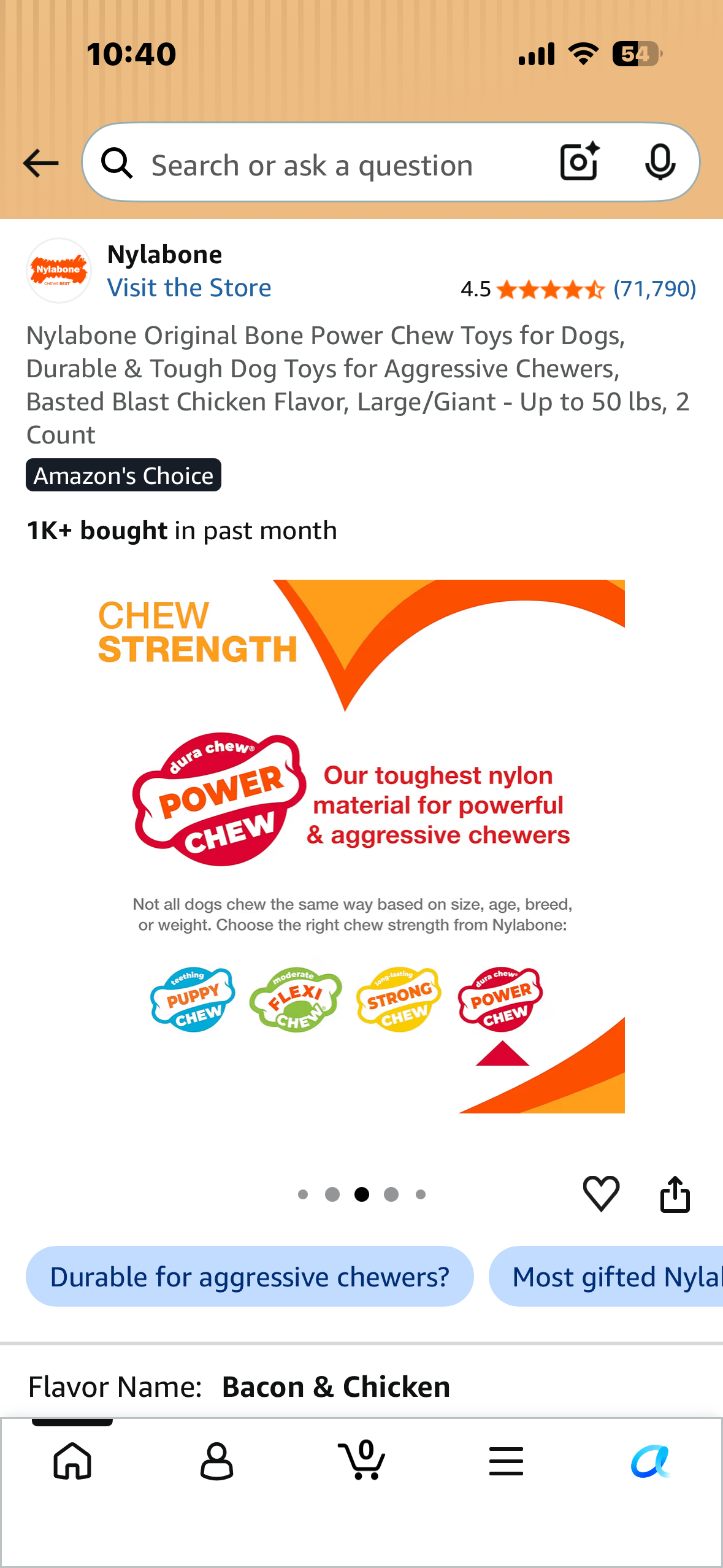 Nylabone Original Bone Power Chew Toys for Dogs, Durable & Tough Dog Toys for Aggressive Chewers, Basted Blast Chicken Flavor, Large/Giant - Up to 50 lbs, 2 Count
