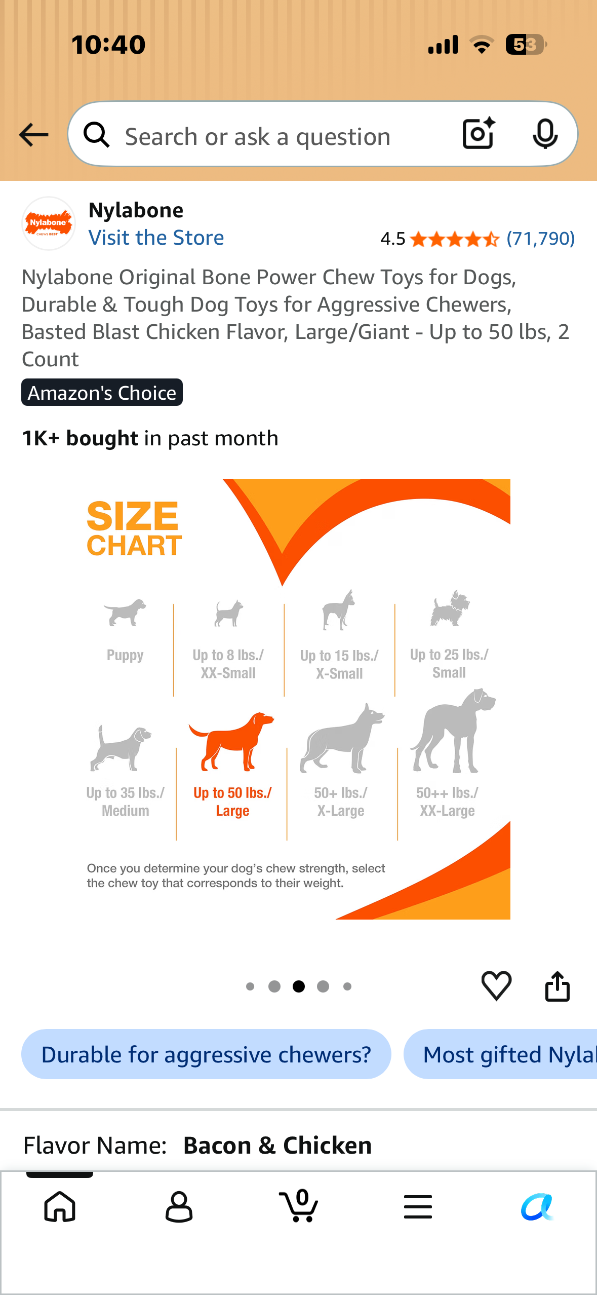 Nylabone Original Bone Power Chew Toys for Dogs, Durable & Tough Dog Toys for Aggressive Chewers, Basted Blast Chicken Flavor, Large/Giant - Up to 50 lbs, 2 Count