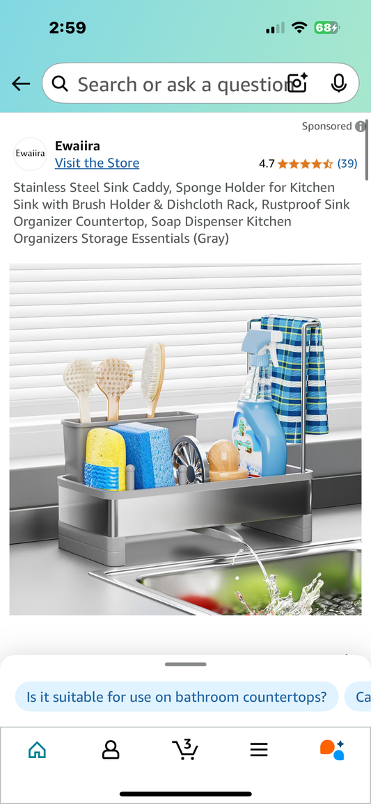 Stainless Steel Sink Caddy, Sponge Holder for Kitchen Sink with Brush Holder & Dishcloth Rack, Rustproof Sink Organizer Countertop, Soap Dispenser Kitchen Organizers Storage Essentials (Gray