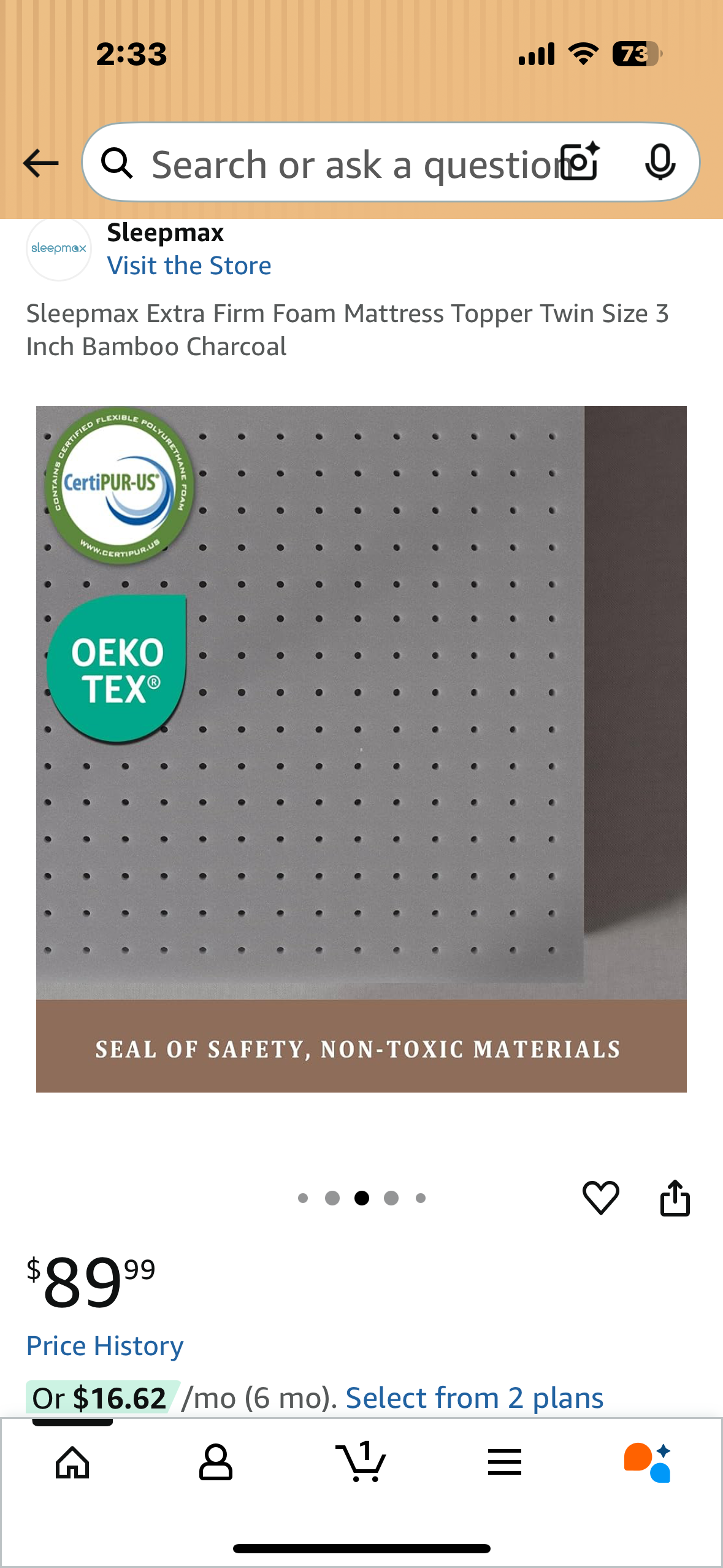 Sleepmax Twin Size Extra Firm Foam Mattress Topper 3” Bamboo Charcoal (B1101)