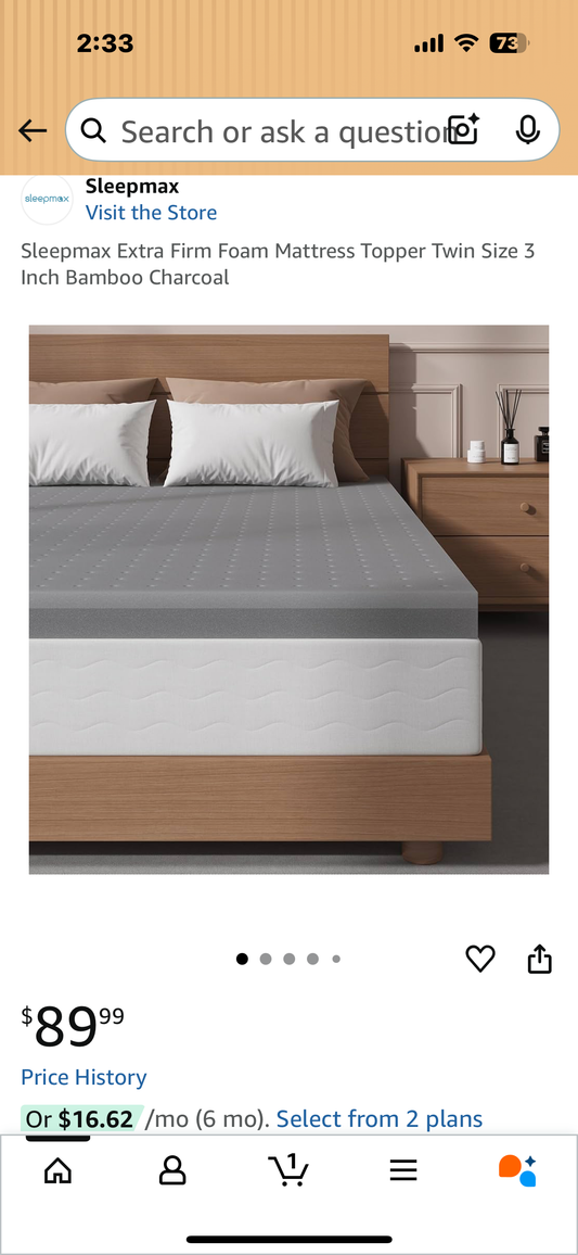 Sleepmax Twin Size Extra Firm Foam Mattress Topper 3” Bamboo Charcoal (B1101)