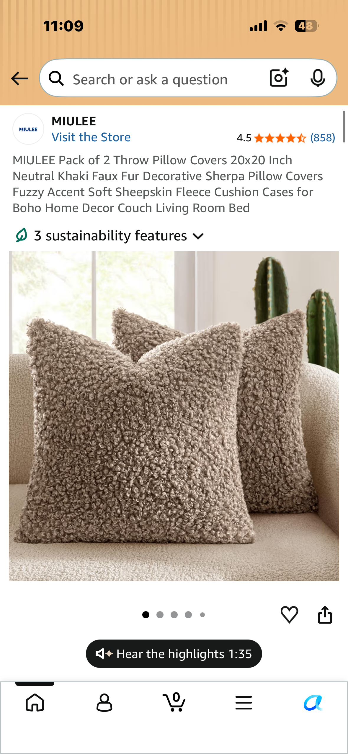 MIULEE Pack of 2 Throw Pillow Covers, 20x20 Inch Neutral Khaki Faux Fur, Decorative Sherpa Pillow Covers, Fuzzy Accent Soft Sheepskin Fleece Cushion Cases for Boho Home Decor, Couch, Living Room, Bed