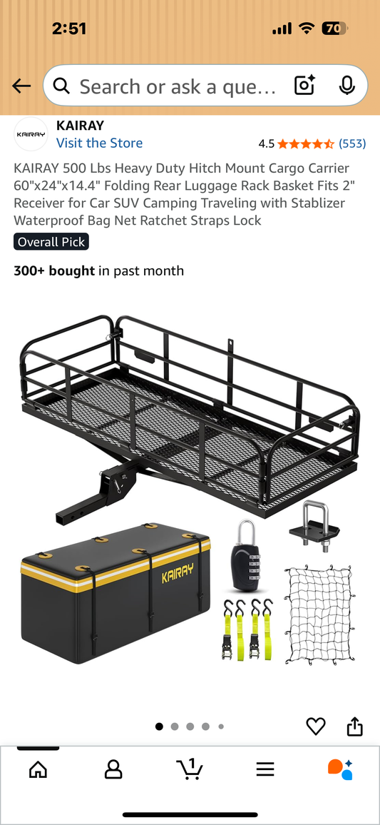 KAIRAY 500 Lbs Heavy Duty Hitch Mount Cargo Carrier, 60"x24"x14.4" Folding Rear Luggage Rack Basket, Fits 2" Receiver for Car, SUV, Camping Traveling with Stabilizer,Waterproof Bag, Net Ratchet Straps, Lock (G870)