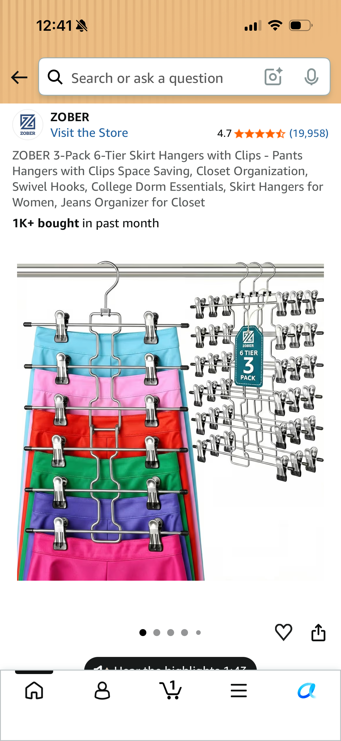 ZOBER 3-Pack 6-Tier Skirt Hangers with Clips - Pants Hangers with Clips Space Saving, Closet Organization, Swivel Hooks, College Dorm Essentials, Skirt Hangers for Women, Jeans Organizer for Closet
