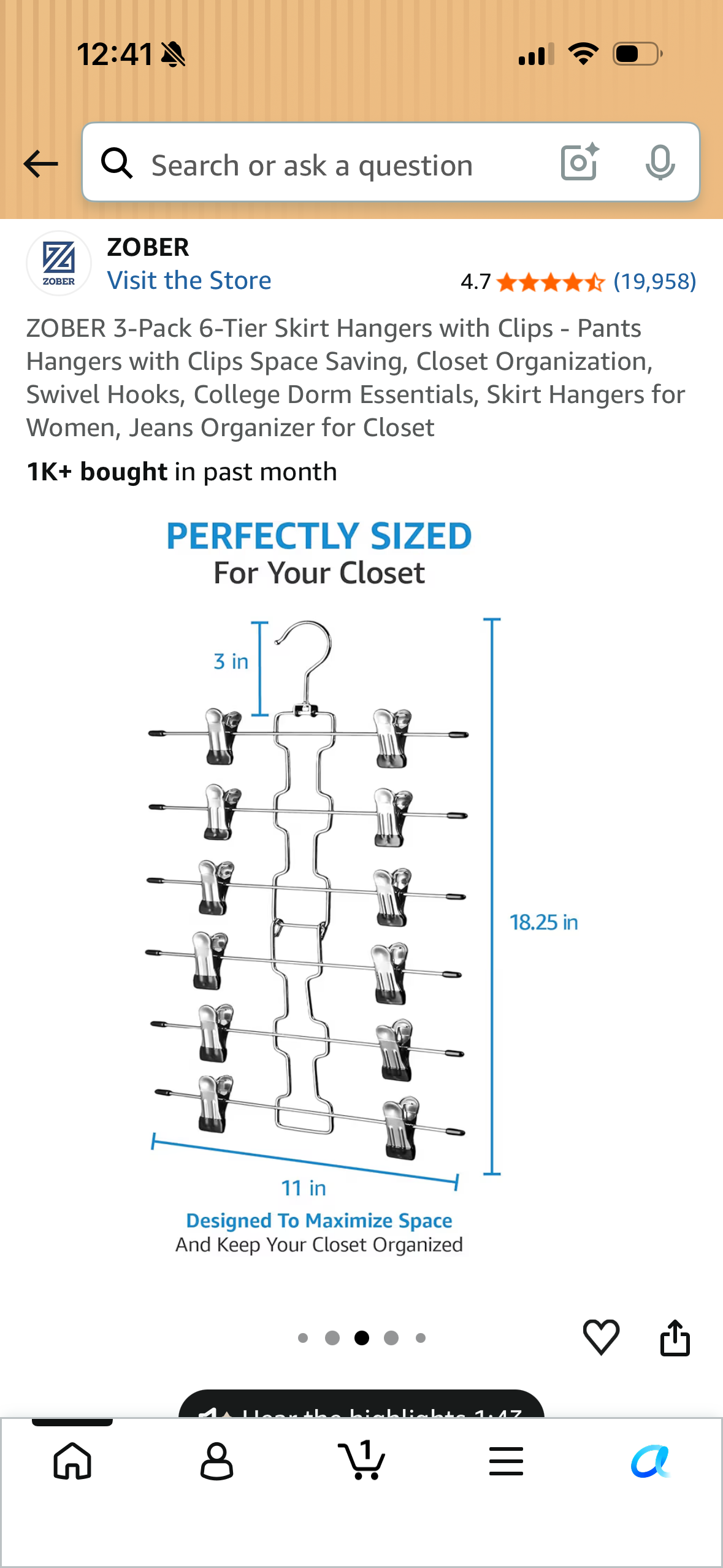 ZOBER 3-Pack 6-Tier Skirt Hangers with Clips - Pants Hangers with Clips Space Saving, Closet Organization, Swivel Hooks, College Dorm Essentials, Skirt Hangers for Women, Jeans Organizer for Closet