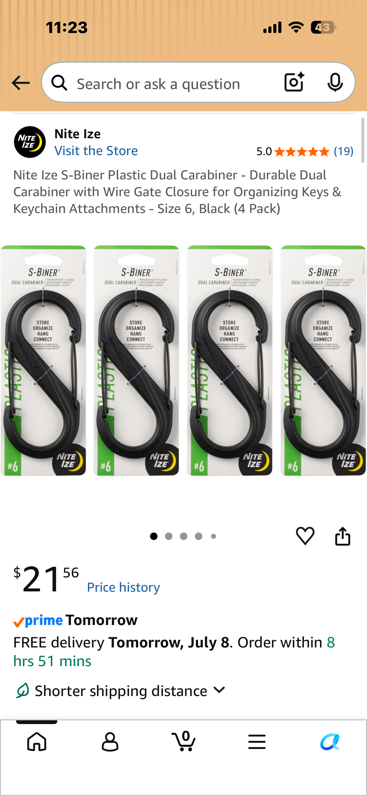 Nite Ize S-Biner Plastic Dual Carabiner - Durable Dual Carabiner with Wire Gate Closure for Organizing Keys & Keychain Attachments - Size 6, Black (4 Pack)