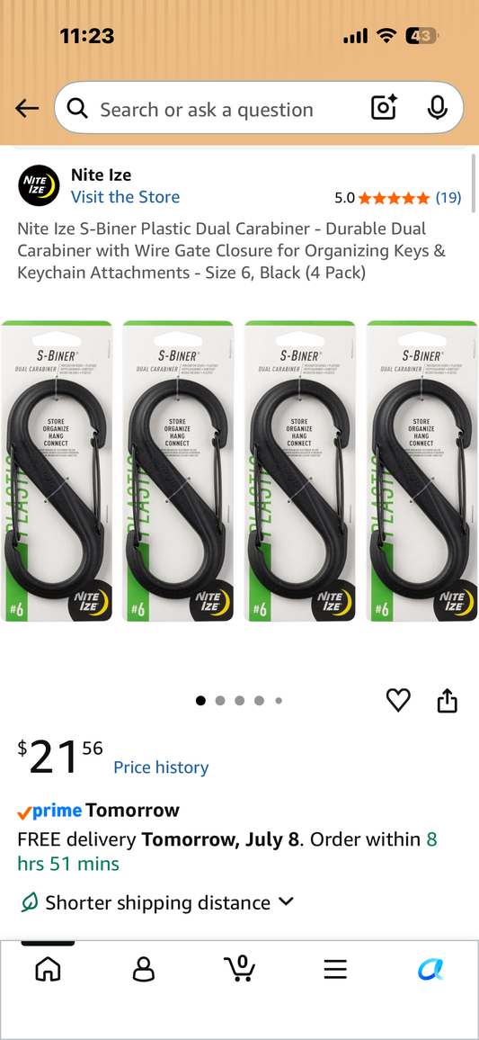 Nite Ize S-Biner Plastic Dual Carabiner - Durable Dual Carabiner with Wire Gate Closure for Organizing Keys & Keychain Attachments - Size 6, Black (4 Pack)