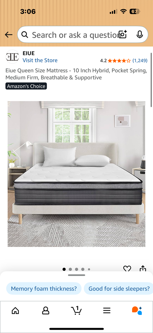 Eiue Queen Size Mattress, 10” Hybrid, Pocket Spring, Medium Firm, Breathable & Supportive (B1102)