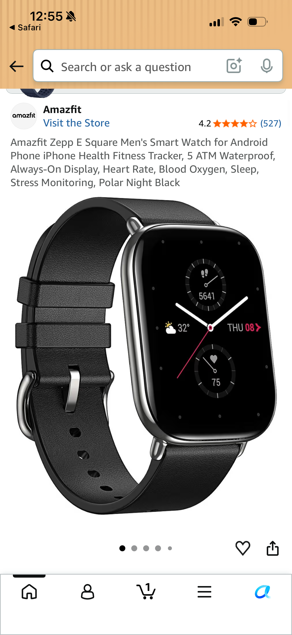 Smartwatch Amazfit Zepp E Square Couro (Preto) Xiaomi 43 MM Preto