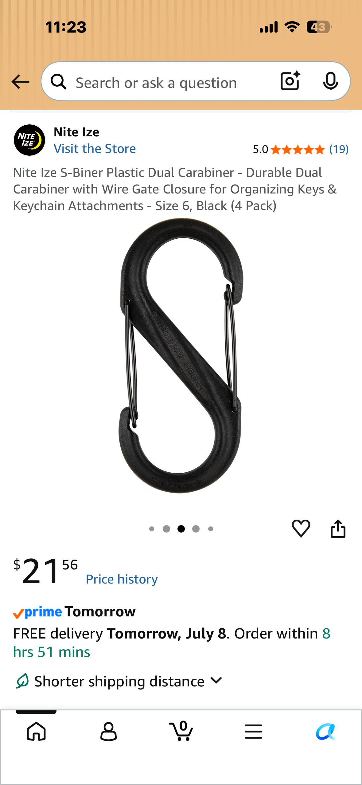 Nite Ize S-Biner Plastic Dual Carabiner - Durable Dual Carabiner with Wire Gate Closure for Organizing Keys & Keychain Attachments - Size 6, Black (4 Pack)