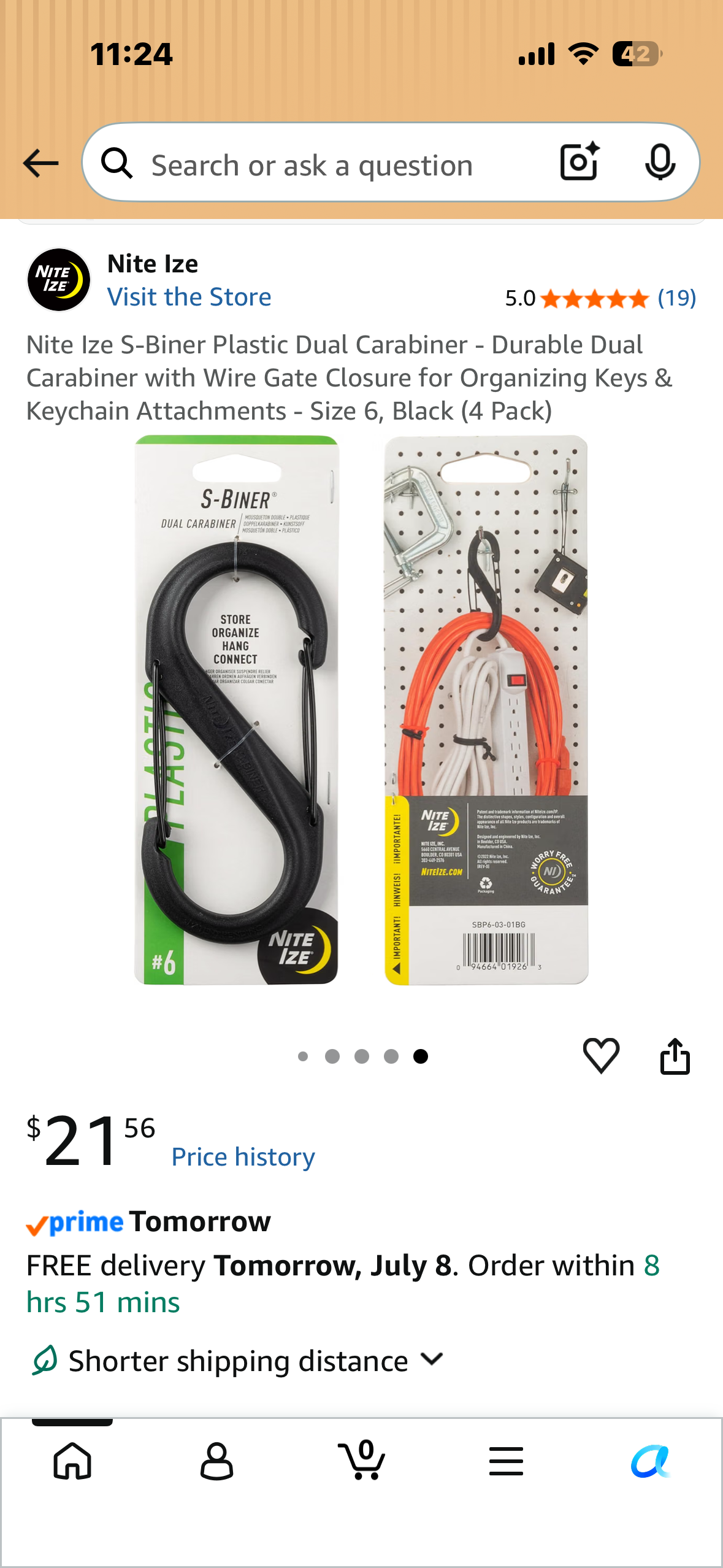 Nite Ize S-Biner Plastic Dual Carabiner - Durable Dual Carabiner with Wire Gate Closure for Organizing Keys & Keychain Attachments - Size 6, Black (4 Pack)