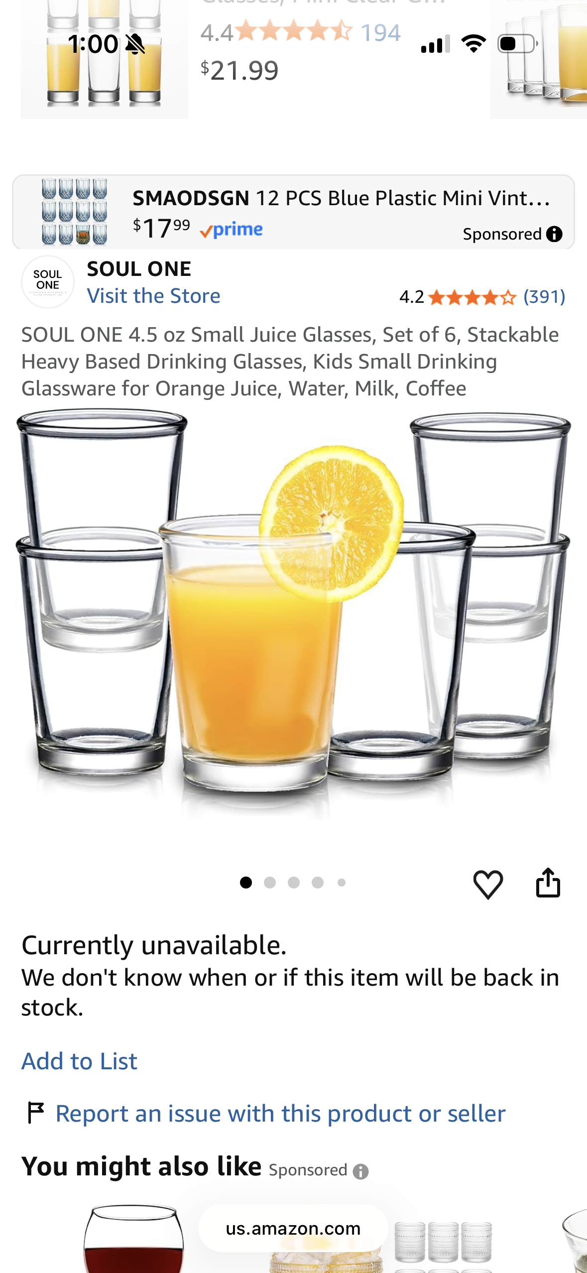 SOUL ONE 4.5 oz Small Juice Glasses, Set of 6, Stackable Heavy Based Drinking Glasses, Kids Small Drinking Glassware for Orange Juice, Water, Milk, Coffee