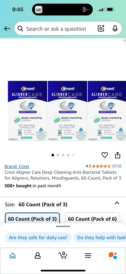 Crest Aligner Care Deep Cleaning Anti-Bacterial Tablets for Aligners, Retainers, Mouthguards, 60-Count, Pack of 3