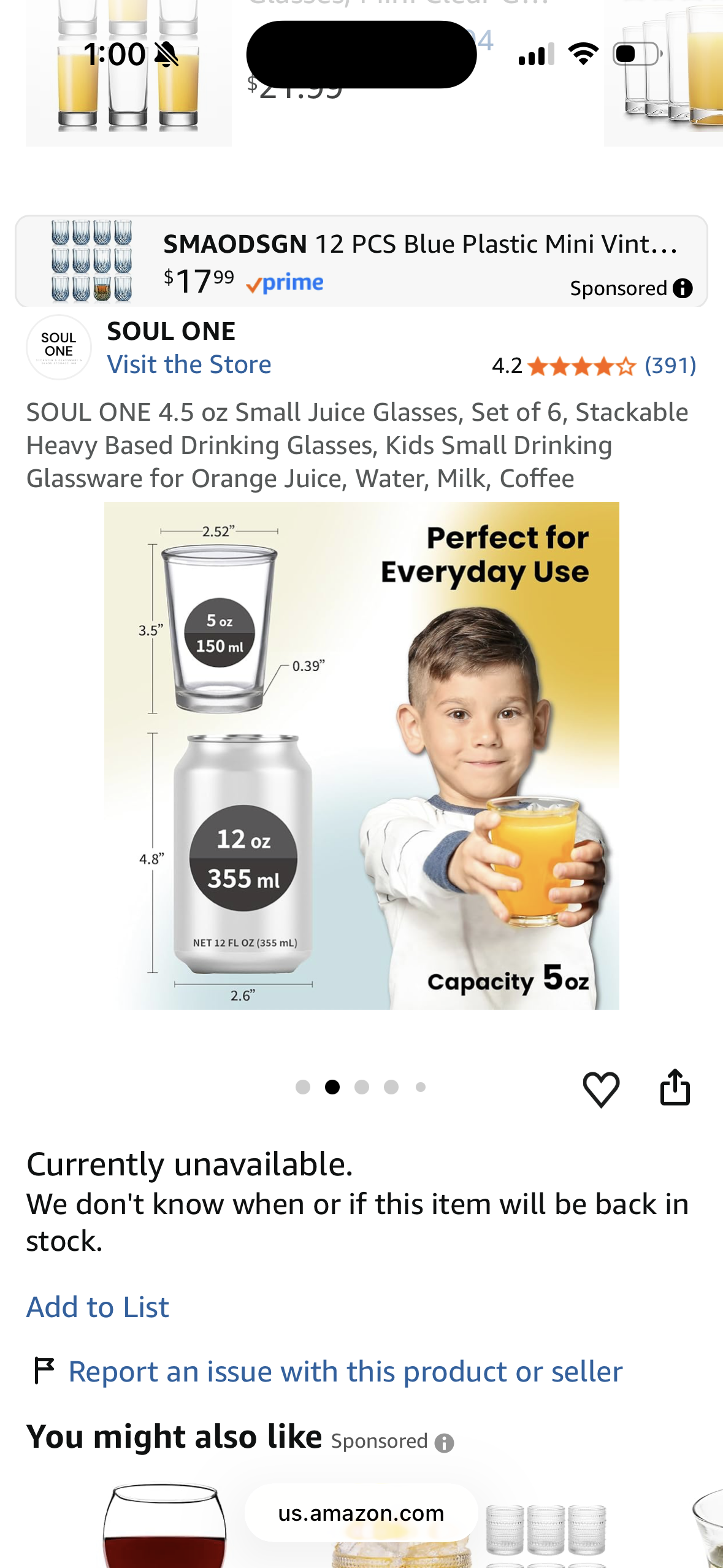 SOUL ONE 4.5 oz Small Juice Glasses, Set of 6, Stackable Heavy Based Drinking Glasses, Kids Small Drinking Glassware for Orange Juice, Water, Milk, Coffee