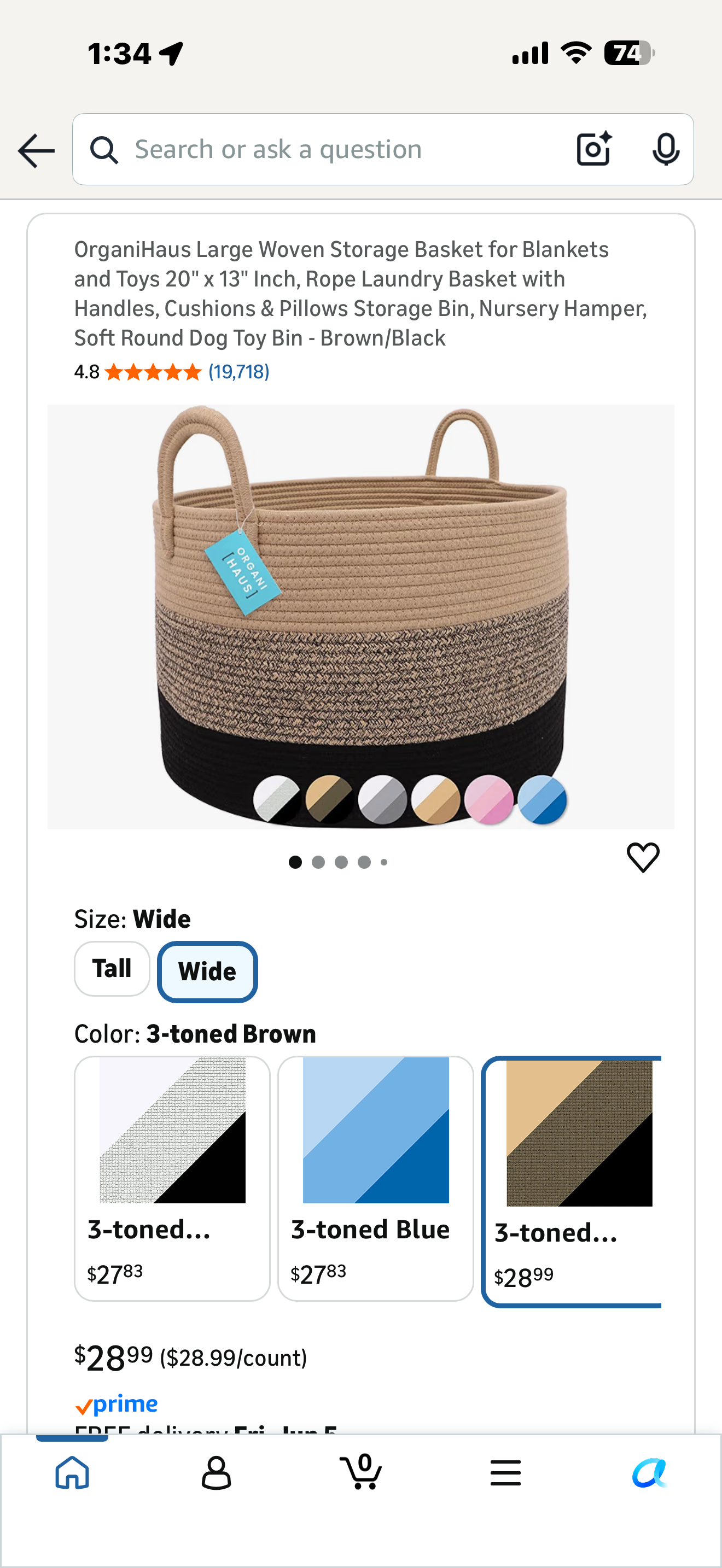 OrganiHaus Large Woven Storage Basket for Blankets and Toys 20" x 13" Inch, Rope Laundry Basket with Handles, Cushions & Pillows Storage Bin, Nursery Hamper, Soft Round Dog Toy Bin - Brown Stripe