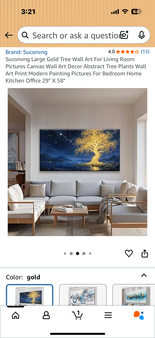 Large Gold Tree of Life Canvas For, Abstract Art Decor, For Bedroom Home or Office 29" X 58" (L1031)