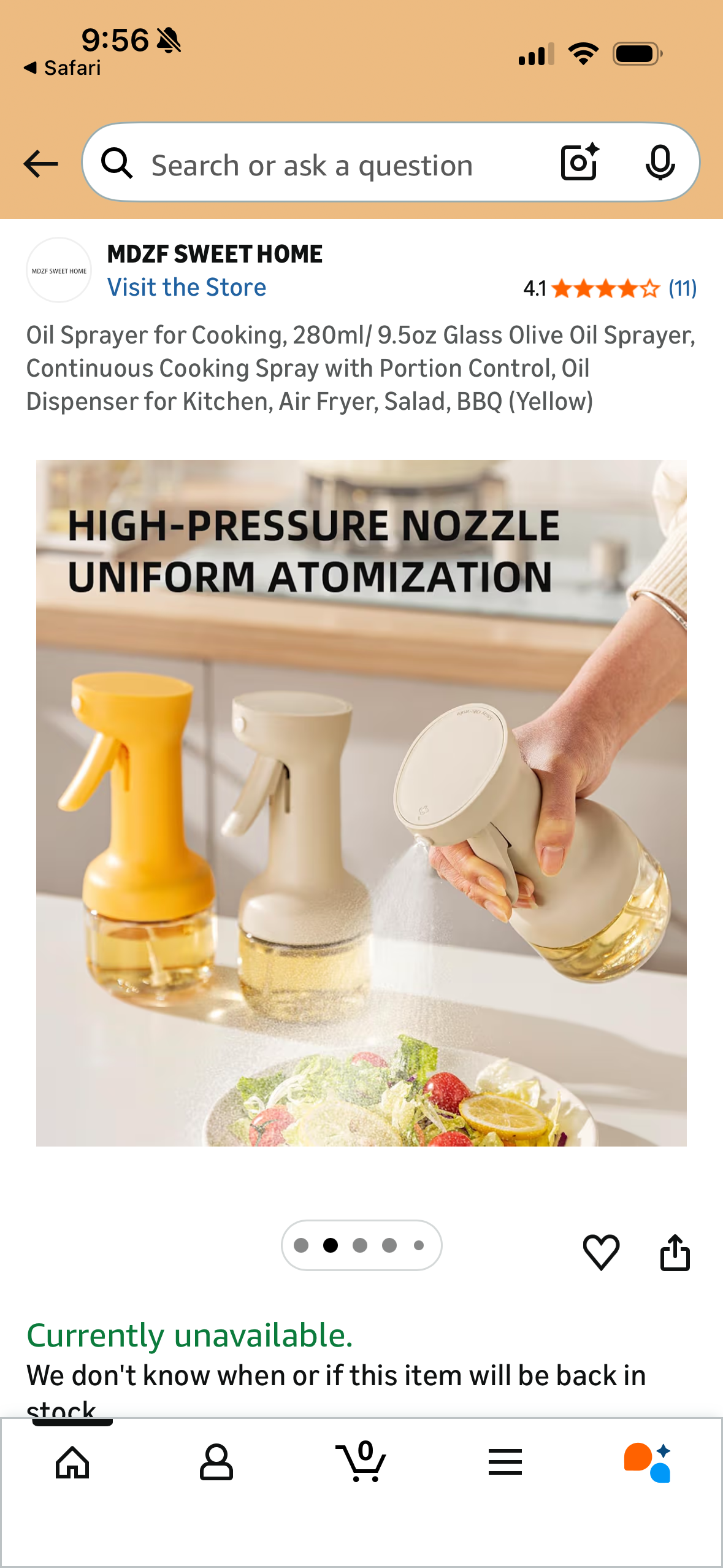 Oil Sprayer for Cooking, 280ml/ 9.5oz Glass Olive Oil Sprayer, Continuous Cooking Spray with Portion Control, Oil Dispenser for Kitchen, Air Fryer, Salad, BBQ (Yellow)