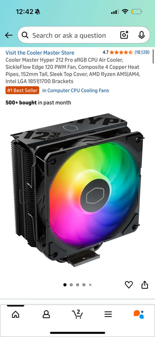 Cooler Master Hyper 212 Pro aRGB CPU Air Cooler, SickleFlow Edge 120 PWM Fan, Composite 4 Copper Heat Pipes, 152mm Tall, Sleek Top Cover, AMD Ryzen AM5|AM4, Intel LGA 1851|1700 Brackets