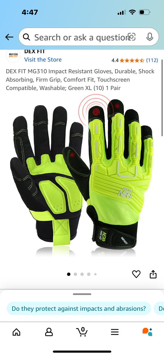 DEX FIT MG310 Impact Resistant Gloves, Durable, Shock Absorbing, Firm Grip, Comfort Fit, Touchscreen Compatible, Washable; Green XL (10) 1 Pair