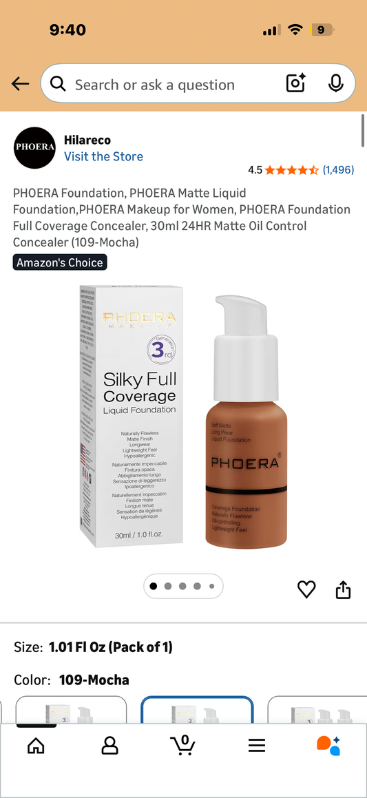 PHOERA Foundation, PHOERA Matte Liquid Foundation,PHOERA Makeup for Women, PHOERA Foundation Full Coverage Concealer, 30ml 24HR Matte Oil Control Concealer (109-Mocha