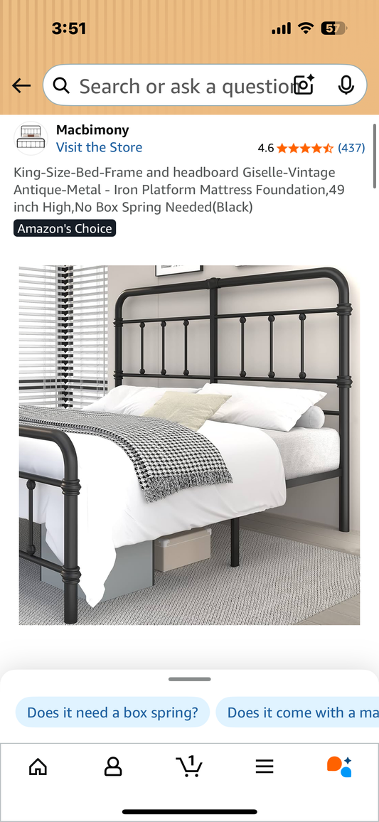 King Size Bed Frame and Headboard, Giselle-Vintage Antique Metal Mattress Foundation,49” High, No Box Spring Needed(Black) (B1103)