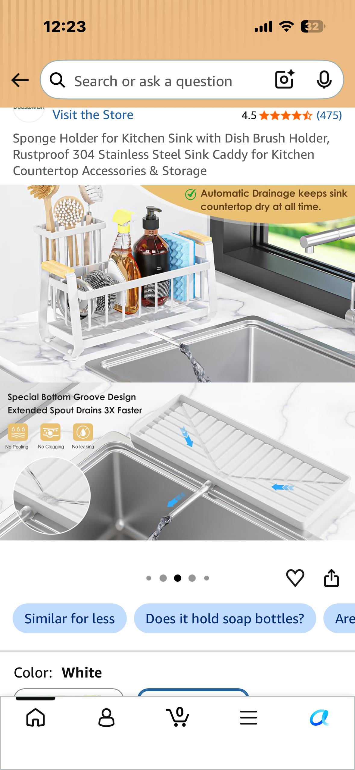 Sponge Holder for Kitchen Sink with Dish Brush Holder, Rustproof 304 Stainless Steel Sink Caddy for Kitchen Countertop Accessories & Storage (White)