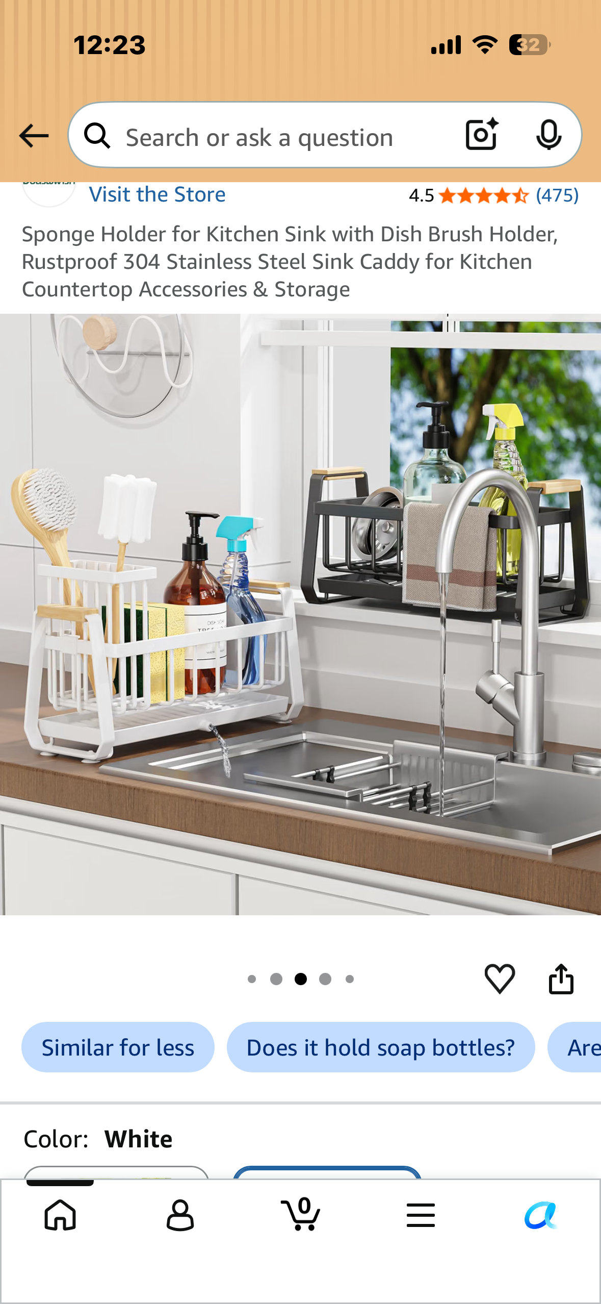 Sponge Holder for Kitchen Sink with Dish Brush Holder, Rustproof 304 Stainless Steel Sink Caddy for Kitchen Countertop Accessories & Storage (White)