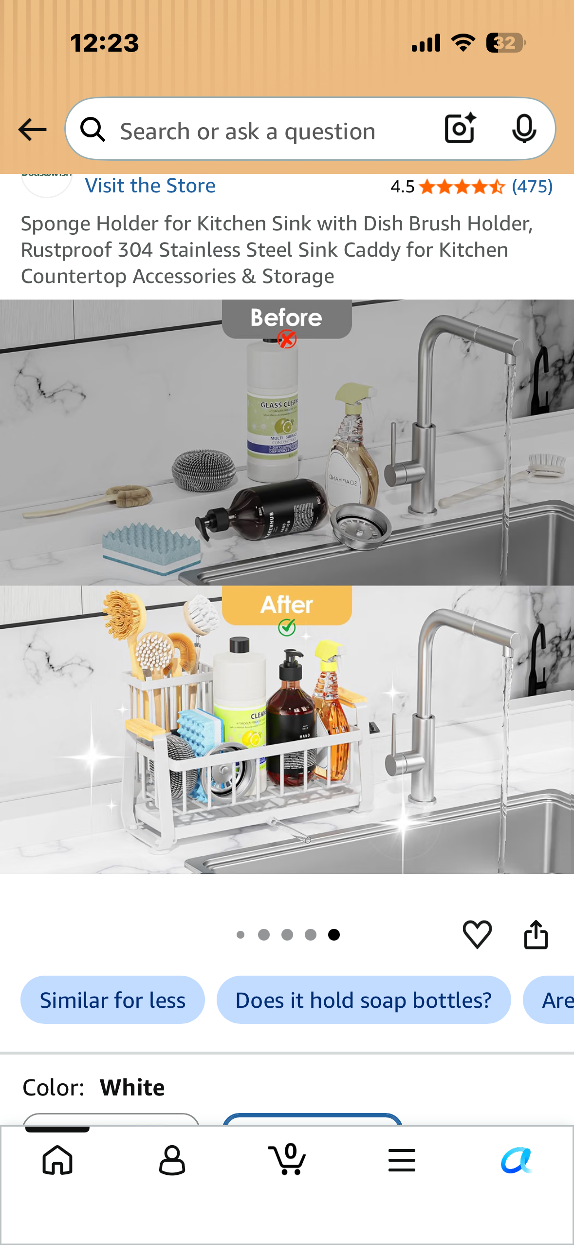 Sponge Holder for Kitchen Sink with Dish Brush Holder, Rustproof 304 Stainless Steel Sink Caddy for Kitchen Countertop Accessories & Storage (White)