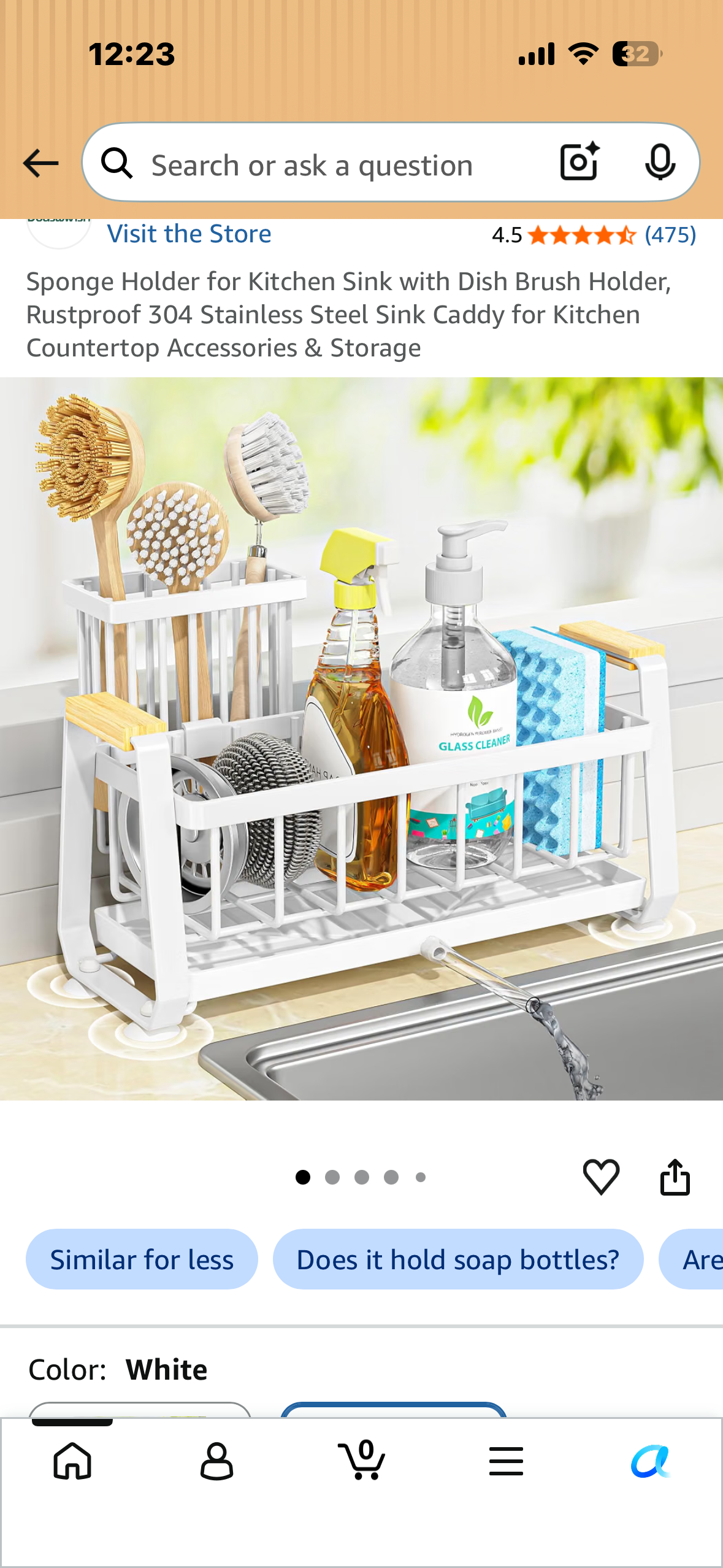 Sponge Holder for Kitchen Sink with Dish Brush Holder, Rustproof 304 Stainless Steel Sink Caddy for Kitchen Countertop Accessories & Storage (White)