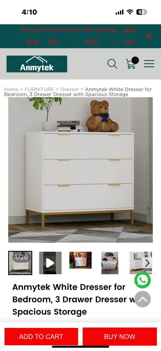 Anmytek White Dresser, 3 Drawer Dresser with Spacious Storage, Modern Chest of Drawers for Bedroom, Living Room, Hallway (B1104)