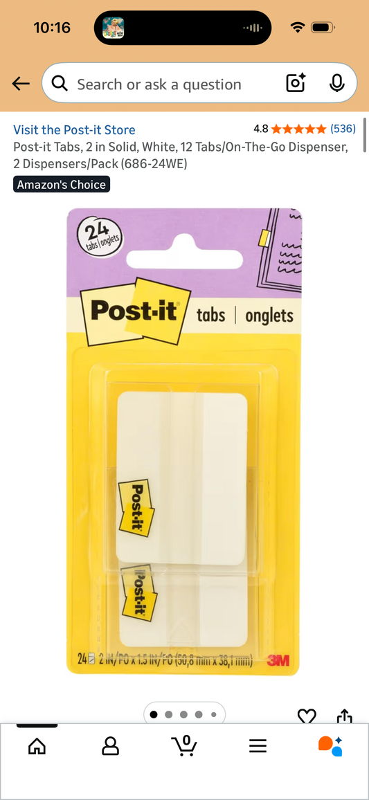 ‼️2 for $4‼️ Post-it Tabs, 2 in Solid, White, 12 Tabs/On-The-Go Dispenser, 2 Dispensers/Pack