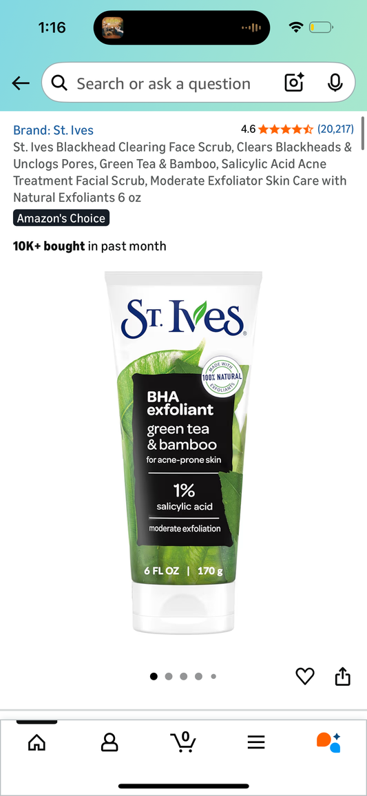 St. Ives Blackhead Clearing Face Scrub, Clears Blackheads & Unclogs Pores, Green Tea & Bamboo, Salicylic Acid Acne Treatment Facial Scrub, Moderate Exfoliator Skin Care with Natural Exfoliants 6 oz