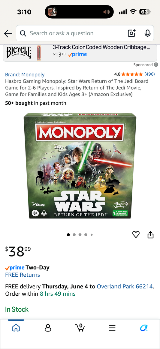 Hasbro Gaming Monopoly: Star Wars Return of The Jedi Board Game for 2-6 Players, Inspired by Return of The Jedi Movie, Game for Families and Kids inAges 8+ (Amazon Exclusive)