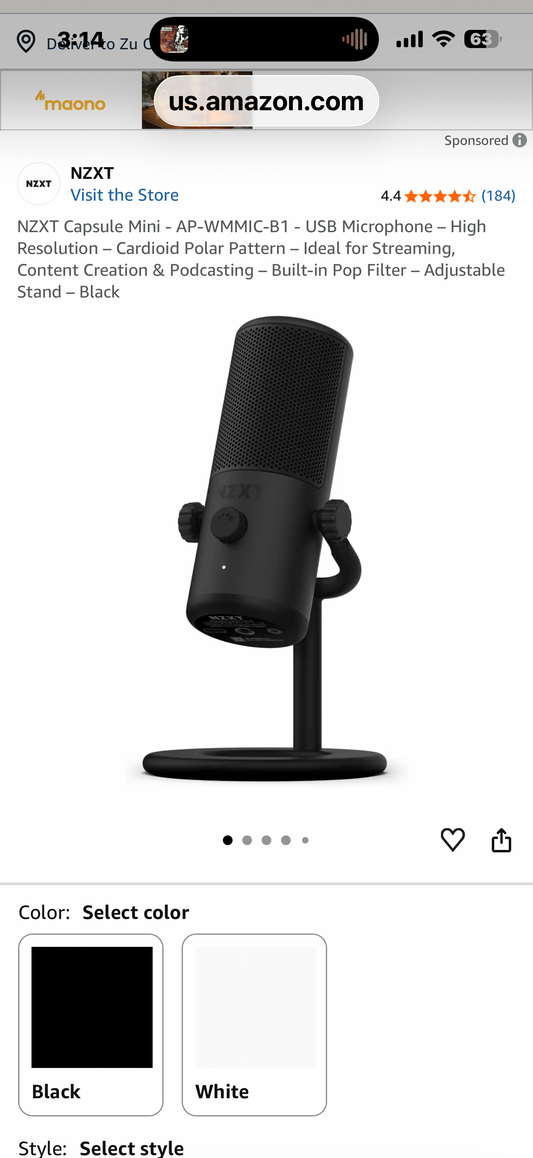 NZXT Micrófono USB Capsule Mini - AP-WMMIC-B1 – High Resolution – Patrón Polar Cardioid – Ideal for Streaming, Creación de contenido y emisión de pódcast – Filter antipop incorporado – (Black)
