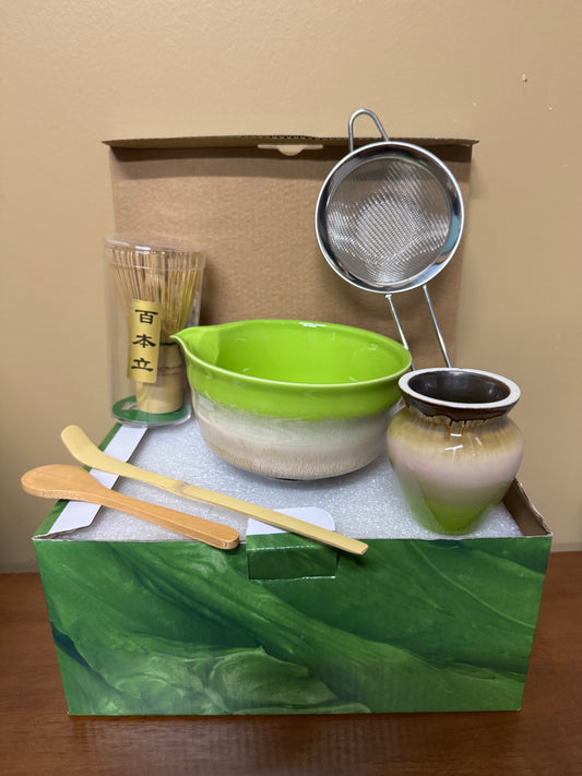 Japanese Matcha Set - Complete Ceremony Collection with Bamboo Whisk (Chasen), Scoop, Stainless Steel Sifter, Stoneware Bowl & Whisk Holder