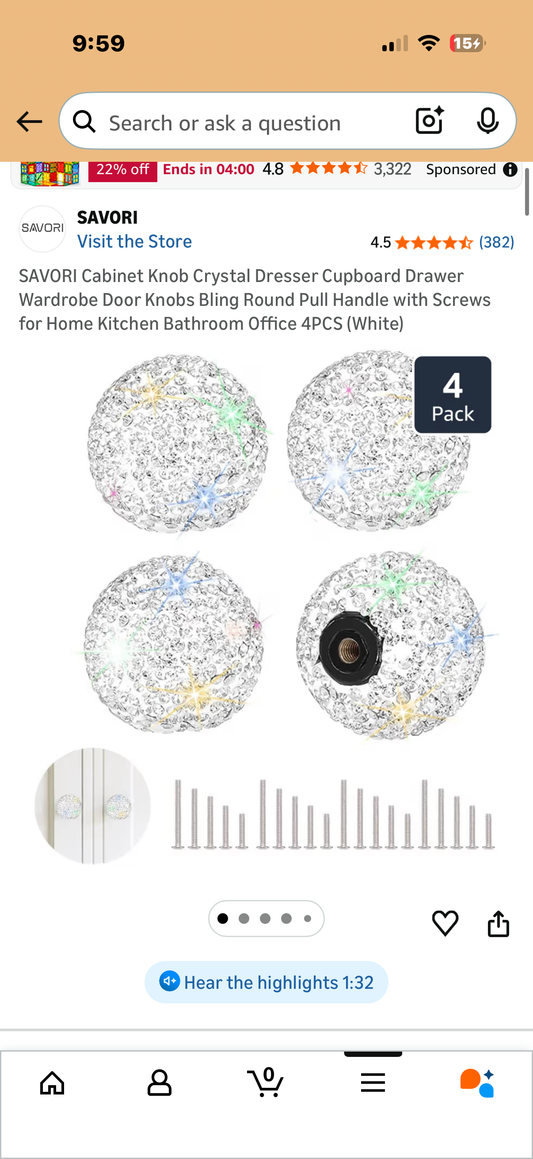 SAVORI Cabinet Knob Crystal Dresser Cupboard Drawer Wardrobe Door Knobs Bling Round Pull Handle with Screws for Home Kitchen Bathroom Office 4PCS (White