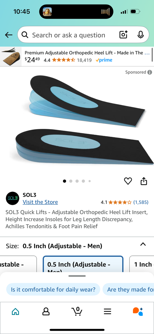 SOL3 Quick Lifts Adjustable Heel Lift Orthopedic Insert - Shoe Cushions for Leg Length Discrepancy, Achilles Tendonitis & Pain Relief, Invisible