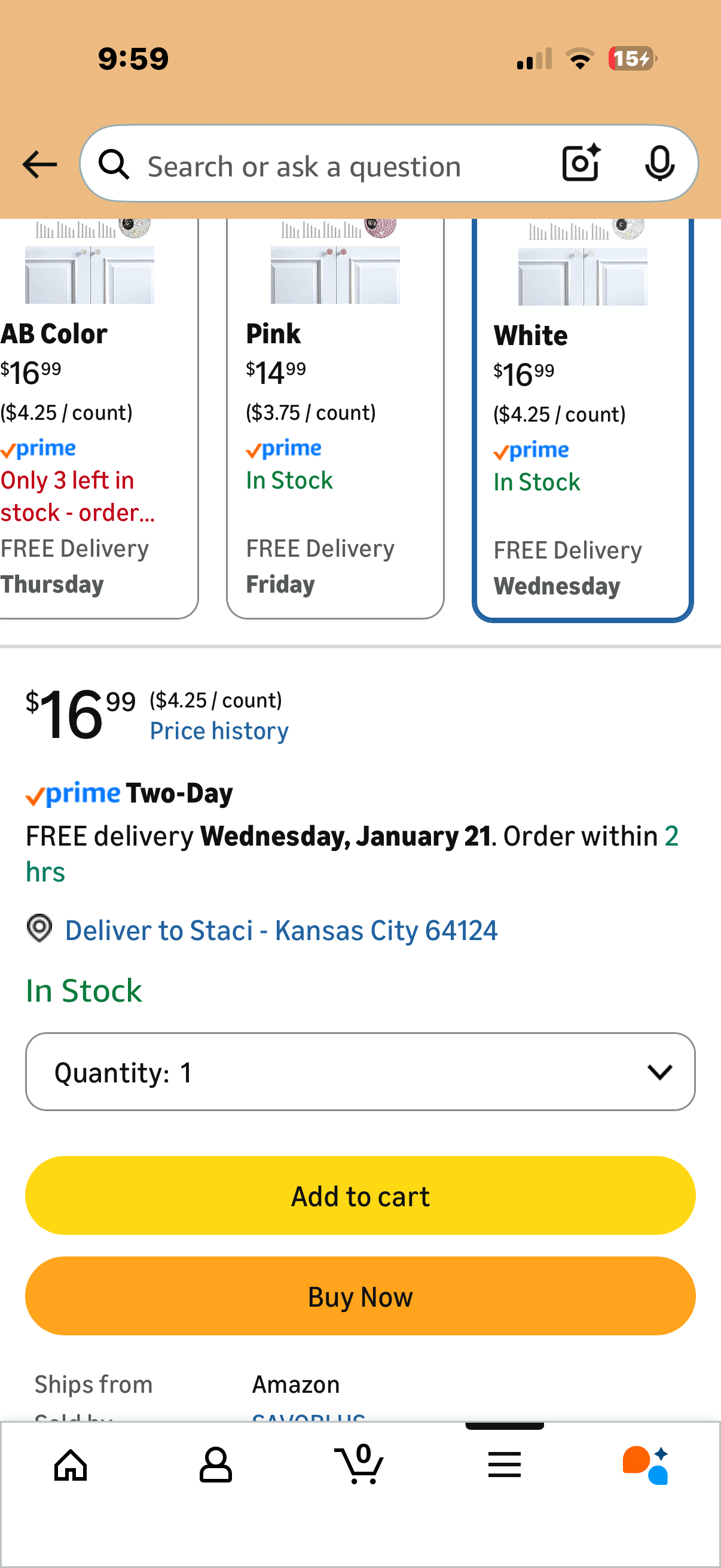 SAVORI Cabinet Knob Crystal Dresser Cupboard Drawer Wardrobe Door Knobs Bling Round Pull Handle with Screws for Home Kitchen Bathroom Office 4PCS (White