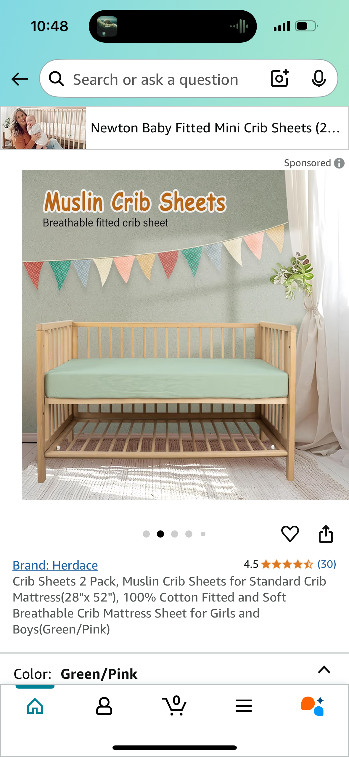 Crib Sheets 2 Pack, Muslin Crib Sheets for Standard Crib Mattress(28"x 52"), 100% Cotton Fitted and Soft Breathable Crib Mattress Sheet for Girls and Boys(Green/Pink)