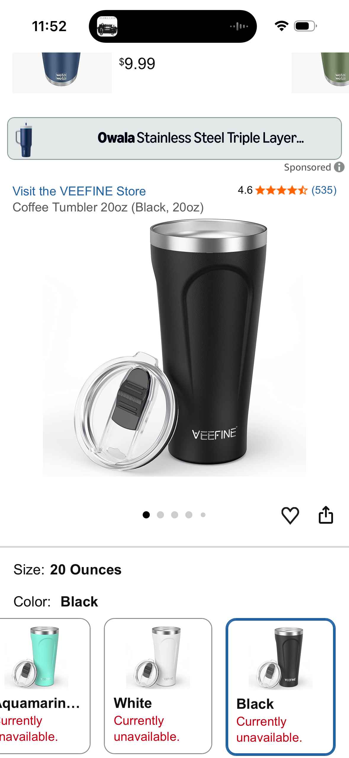 Coffee Tumbler 20oz (Black, 20oz)